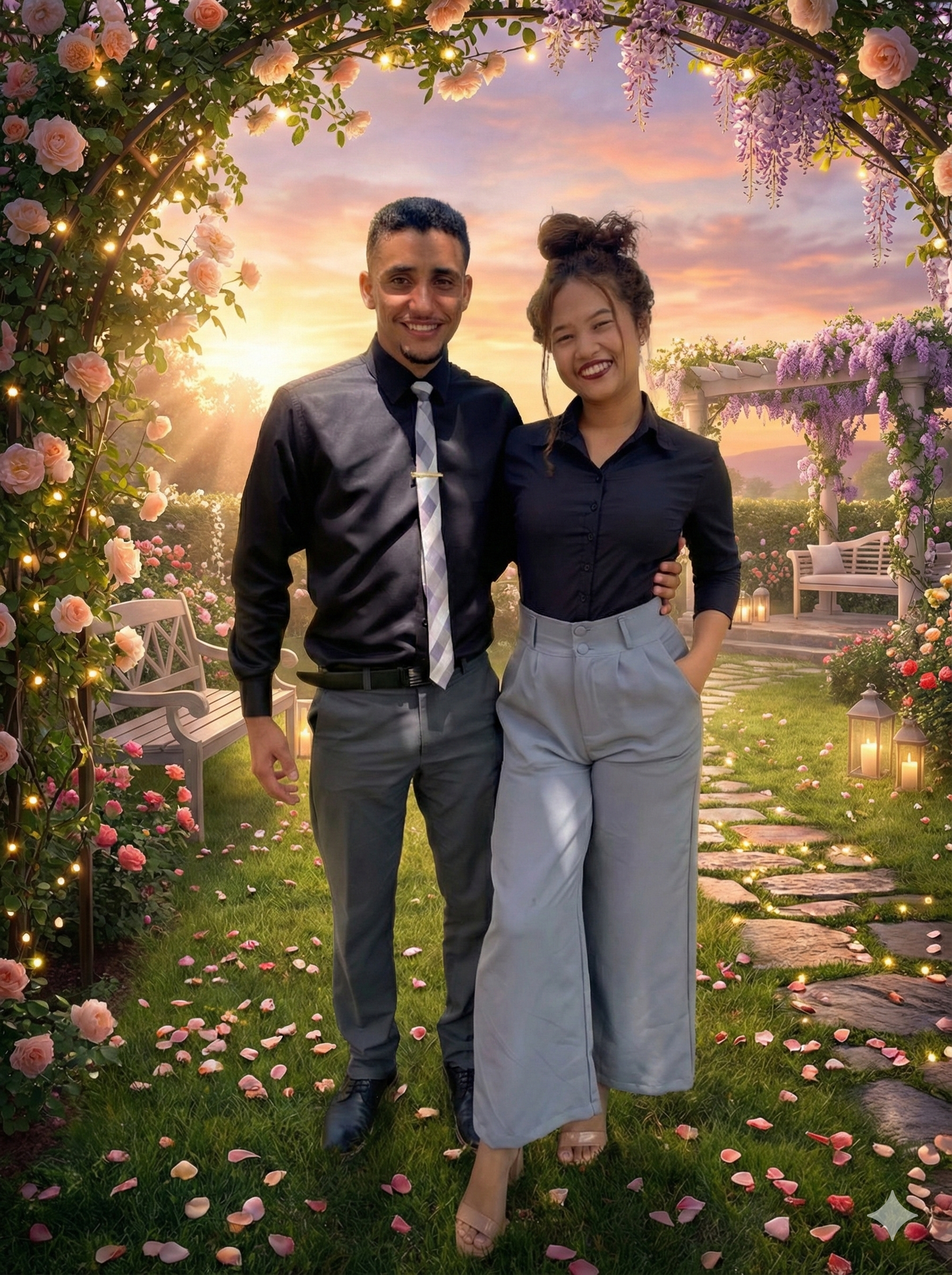 Hikaro e Carliany em um jardim de flores